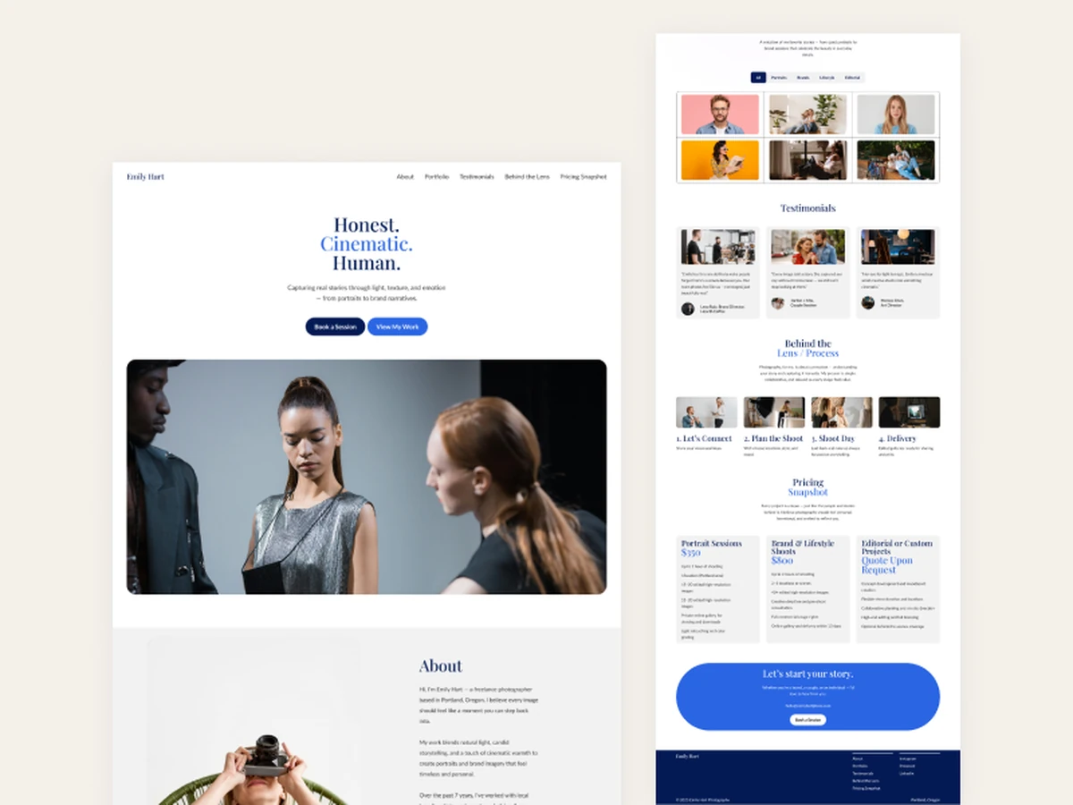 Design concept for Emily Hart Photography: portfolio website for a working photographer